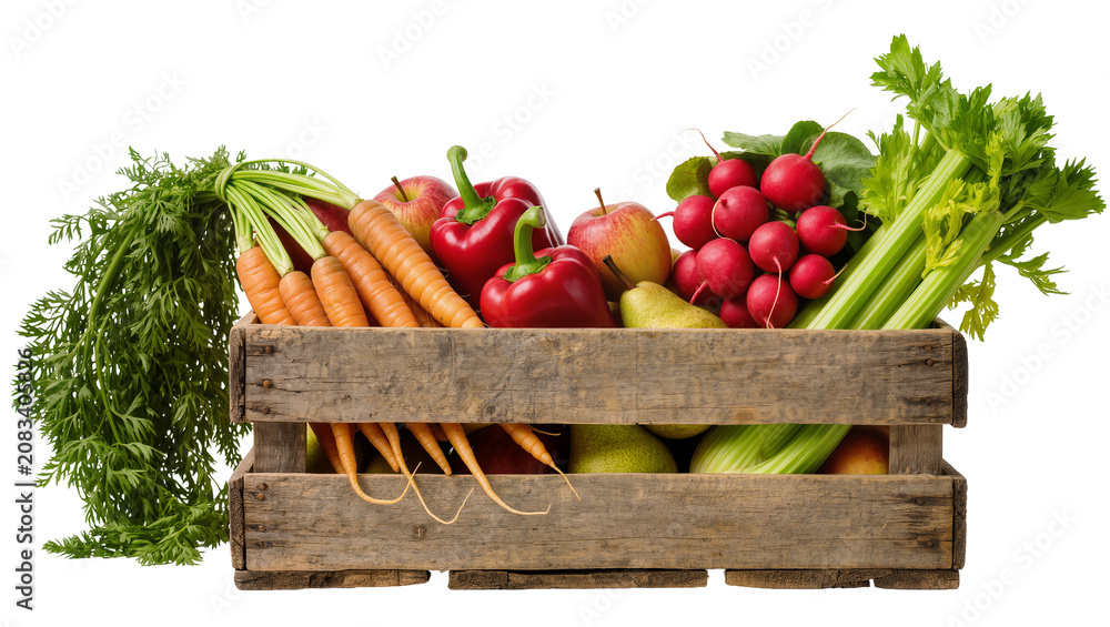 Naklejka premium Wooden crate overflowing with fresh carrots apples red peppers radishes pears, and celery