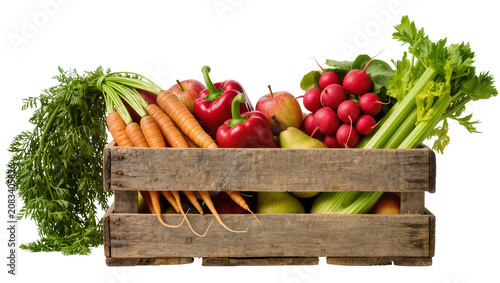 Foto Wooden crate overflowing with fresh carrots apples red peppers radishes pears, a