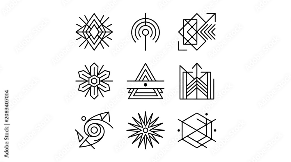 Fototapeta premium Set of Nine Geometric Line Art Symbols and Tribal Icon Elements.