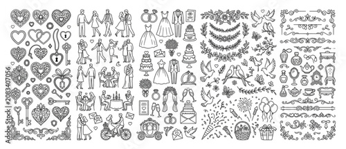 Comprehensive wedding and romance doodle icon set featuring hearts rings flowers and festive elements marriage illustration celebration invitation ornaments anniversary ceremony decorative