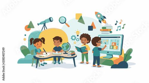 Diverse children learning with books computer and science tools