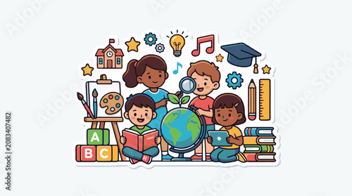 Diverse children learning with books globe and art supplies