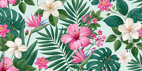 Beautiful seamless tropical pattern featuring vibrant pink hibiscus, elegant white plumeria flowers, exotic bird of paradise, green palm and monstera leaves on a light pastel background.