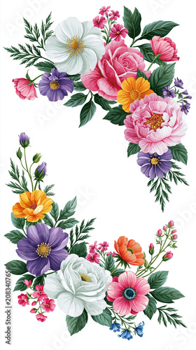Beautiful Floral Corner Frame with Colorful Flowers Including Roses, Cosmos, Peonies, and Green Leaves on a Clean White Background for Wedding Invitation and Greeting Card Design