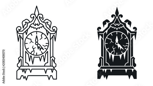 Quadro su tela Frozen Timepiece Icon: A vintage grandfather clock encased in ice, with a cracked clock face, presented as a stark line art icon in both white and black silhouette versions