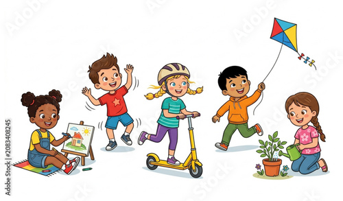 Five Kids Performing Different Fun Activities Flat Vector Illustration on White Background