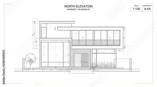 Architectural elevation drawing for residence the minimalist home construction project.