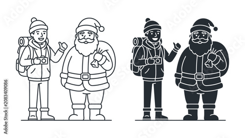 Obraz na plátně Christmas Adventurers: Two figures, one a jovial Santa Claus and the other a modern adventurer with a backpack, stand side-by-side, ready for a festive journey