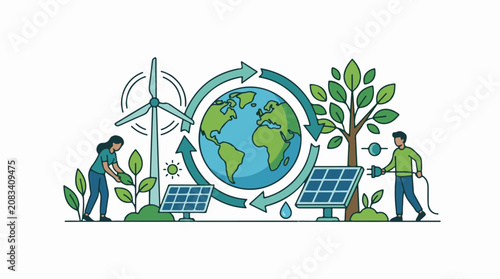 Diverse clean energy sources and human hands sustain planet Earth