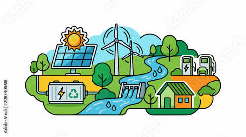 Diverse clean energy sources powering a sustainable community and transport