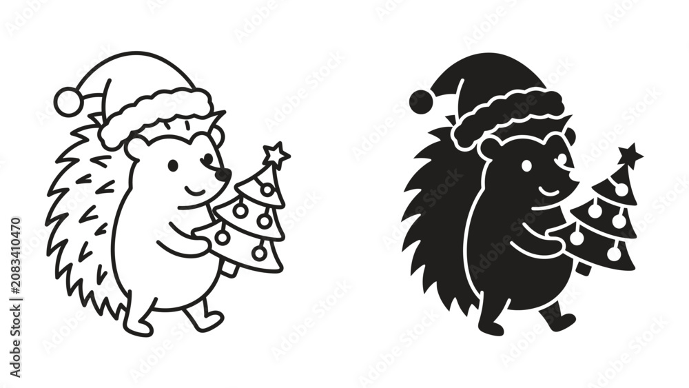 Naklejka premium Hedgehog with Christmas Tree and Santa Hat: Two stylized hedgehogs, one outlined and one in silhouette, wearing Santa hats and holding decorated Christmas trees.