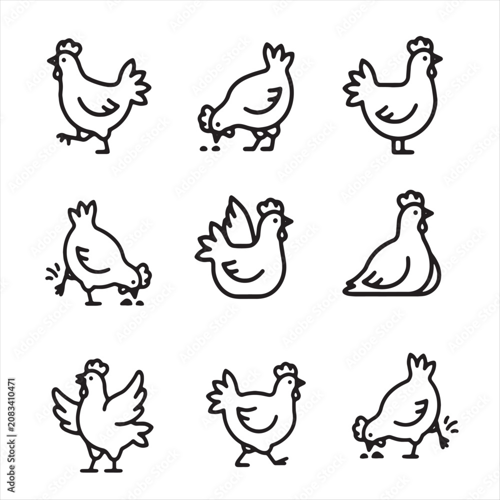 Fototapeta premium Set of simple black and white chicken line art icons Vector