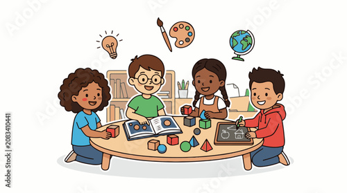 Diverse children learning and playing together with educational toys