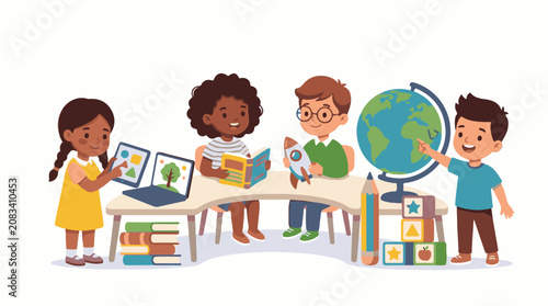 Diverse children learning and playing together with educational items