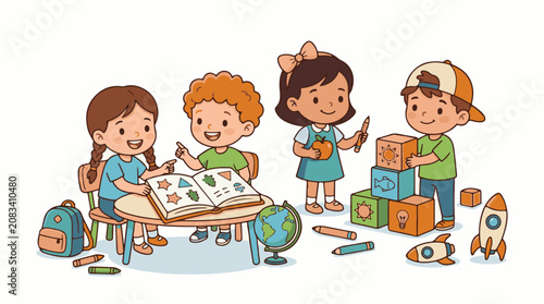 Diverse children learning and playing with blocks books and toys