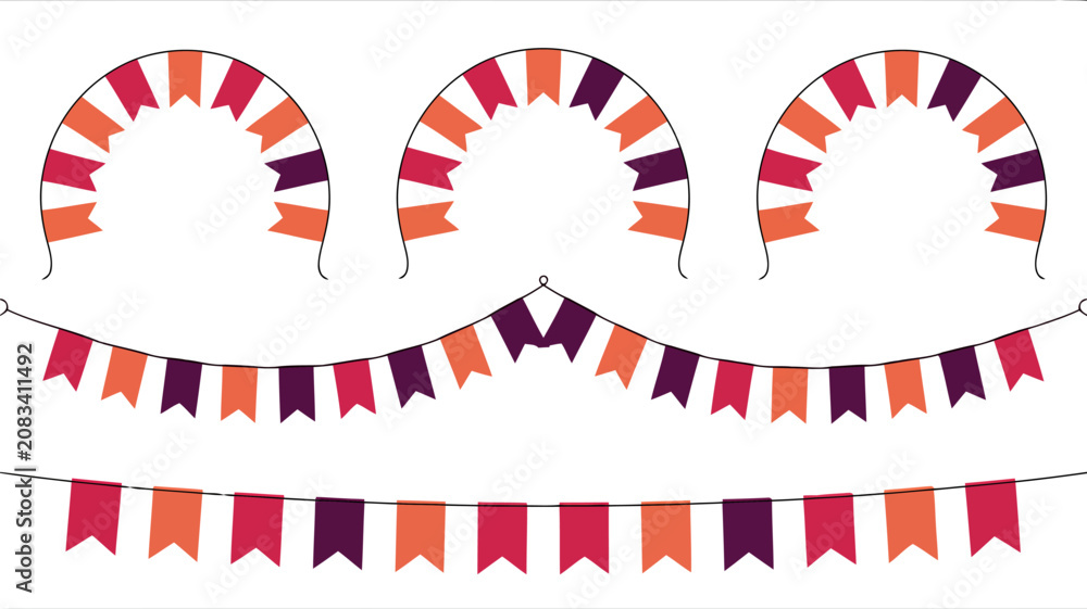 Fototapeta premium Bunting flags in red orange and purple in arched and straight line arrangements 