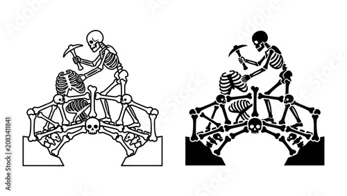 Foto Skeleton Bridge Builders: Two skeletons laboriously construct an ornate bridge using bones, with skulls adorning its structure, symbolizing the grim task of creation and the cycle of life and death