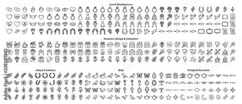 Bild auf Leinwand Large compilation of romantic wedding and celebration line art vector icons with