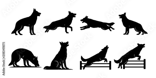 Photos German Shepherd Dog Silhouettes, Set of 8 Vector Icons, Canine Action Poses, Tra