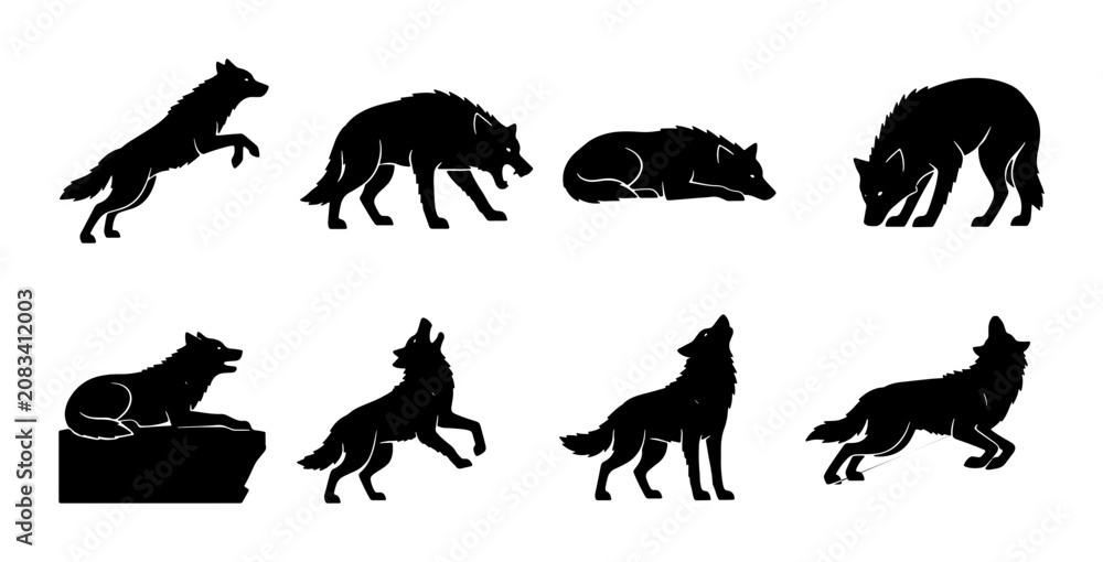 Obraz premium Wolf Silhouettes Collection, Wild Canine Animal Poses, Nature Wildlife Vector Graphics, Hunting Predator Graphics