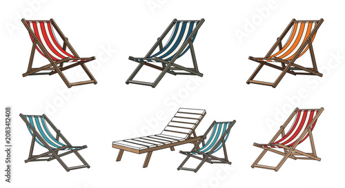 Set of comfortable wooden beach folding deck chairs with various colorful striped patterns on white.