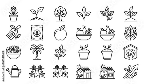 Black Line Eco Farming and Nature Icon Set with Plants Seedlings Fruit Salad Palm Tree and Sustainable Growth Symbols