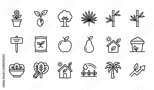 Minimal Eco Nature Line Icon Collection with Organic Farming Plant Growth Fruit Salad and Green Lifestyle Symbols