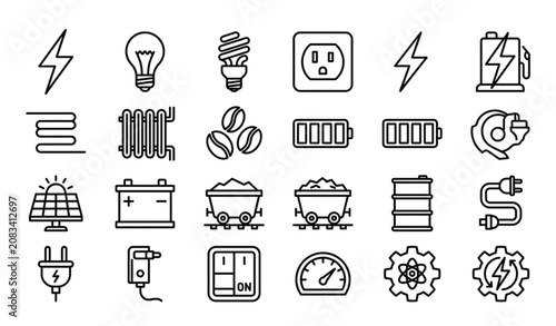 Solid Black Energy and Industrial Thin Line Icon Set with Electricity Heating Solar Power and Fuel System Symbols