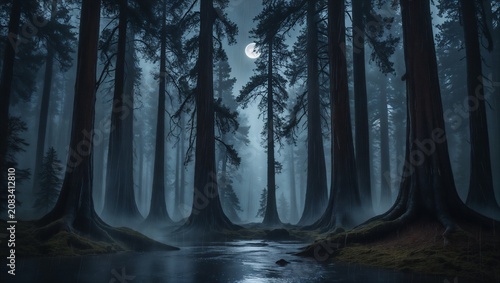 Dense Forest Watercolor Background with Soft Morning Fog Atmosphere.