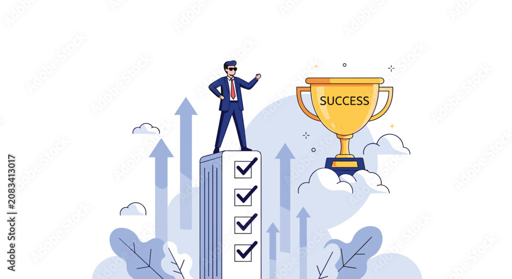 Naklejka premium Successful businessman standing on top of completed tasks tower looking at golden victory trophy in sky.