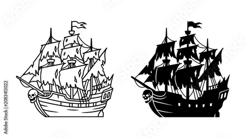 Fotografía Ghost Ship Pair: A ghostly sailing vessel, depicted in both an outline and silhouette, sails through phantom waters, evoking tales of adventure and the supernatural