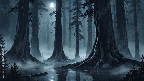 Fantasy Woodland Trees Watercolor Background with Magical Atmosphere.