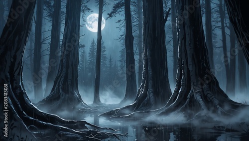 Giant Ancient Tree Watercolor Background with Mystical Forest Light.