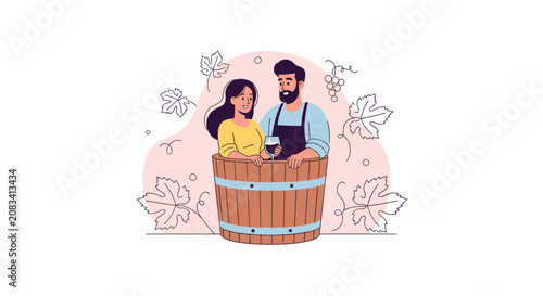 Smiling couple standing inside traditional wooden wine barrel holding glass of red wine amidst grape leaves.