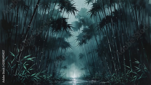 Dark Misty Forest Watercolor Background with Moonlit Woodland Atmosphere.