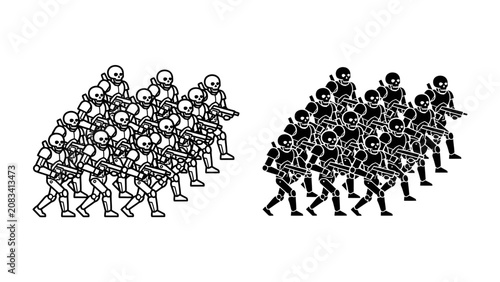 Tableau sur toile Formation of Armored Soldiers: A stark monochrome illustration depicts two disciplined formations of armored soldiers, each equipped with rifles, presenting a unified front