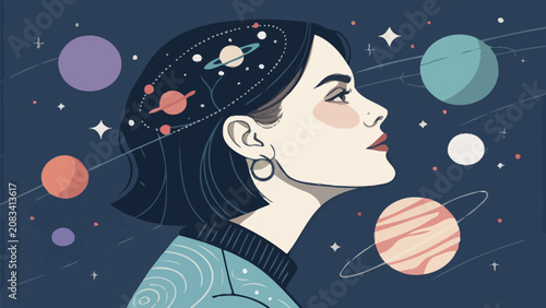 Canvastavla Woman with planets and stars in her mind dreaming of space