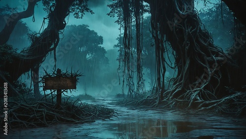 Mysterious Swamp Forest Watercolor Background with Foggy Woodland Trail.