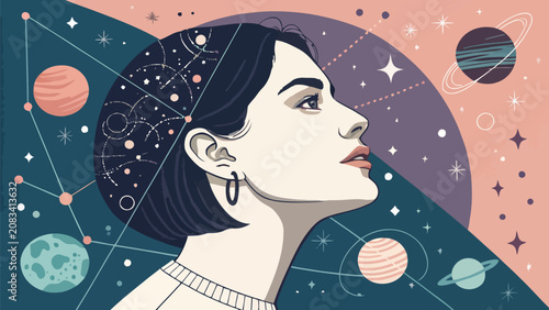Fotografie Woman lost in cosmic daydream with stars