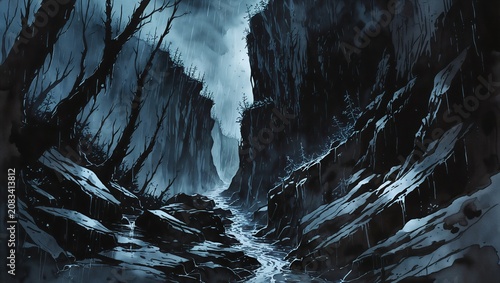 Rocky Forest Canyon Watercolor Background with Dramatic Misty Atmosphere.
