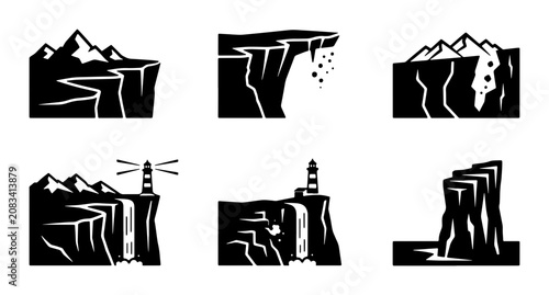 Tableau sur toile Cliff Icons Set, Rocky Mountain Landscapes, Coastal Scenery, Waterfall Views, Li