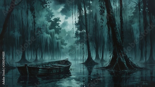 Quiet Forest Lake Watercolor Background with Wooden Boat at Dawn.