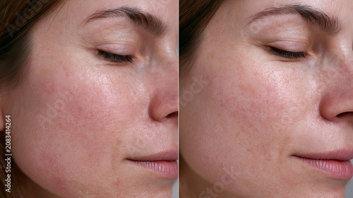 A split image comparing a woman's closed eye and cheek area before and after a facial treatment, demonstrating the reduction of pores and skin discoloration.