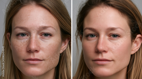 A split-screen portrait of a woman shows a before and after transformation, revealing clearer, smoother skin with reduced visibility of blemishes and imperfections.