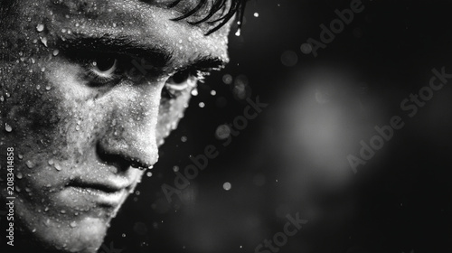 Intense portrait of a sweating athlete face in dark dramatic lighting black and white