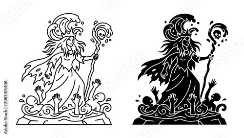 Tableau sur toile Sea Witch's Dominion: A powerful sea witch commands the dark ocean, her flowing hair resembling crashing waves as she wields a staff topped with a skull