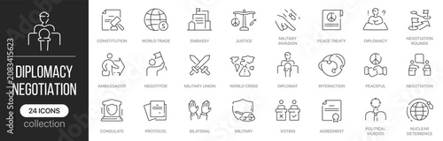 Photos Diplomacy and negotiation linear icons covering international relations and conflict resolution concepts