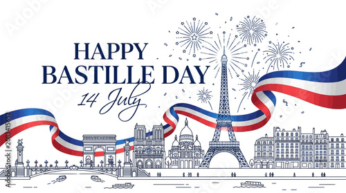 Bastille day paris skyline illustration with eiffel tower fireworks