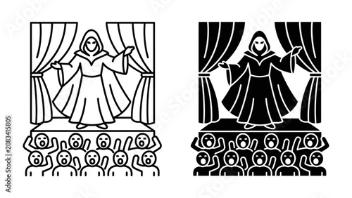 Schilderij op canvas Theatrical Performance: A cloaked figure stands on a stage before a curtain, presenting to an awe-struck audience