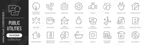 Public utilities linear icons covering household services and infrastructure management concepts. Contains electricity, water supply, gas systems, utility bills, maintenance